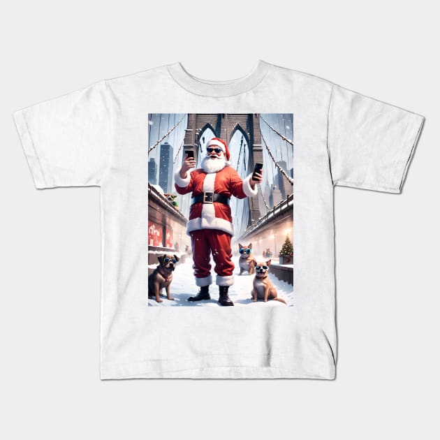 Santa Selfie with Pet on Brooklyn Bridge Kids T-Shirt by AT Digital